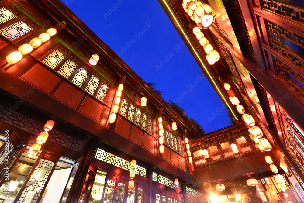 Red lanterns are hung in the attic in the ancient town at night, in Chengdu, Sichuan, China.
