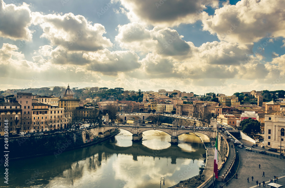 View from sant Angelo castle of the river Tiber and and the city of Rome.