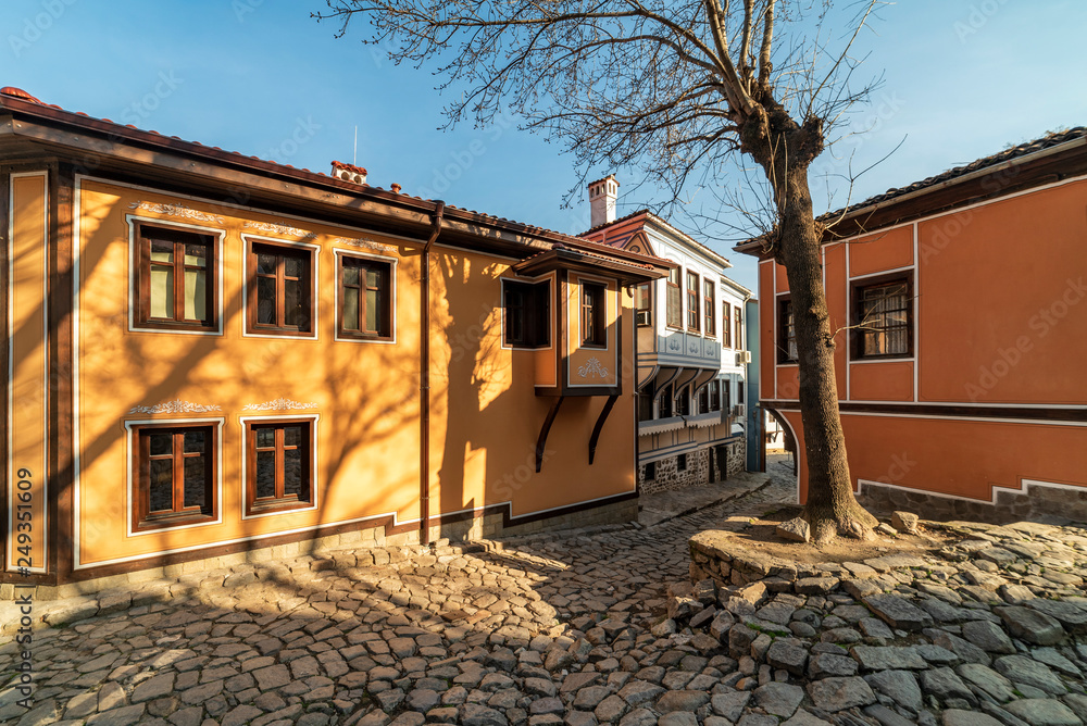 Old houses and street from the period of Bulgarian Revival in old town of Plovdiv, Bulgaria