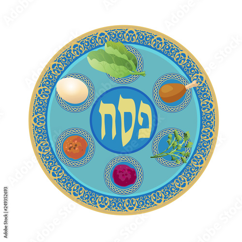 Passover Holiday - translate Hebrew lettering, card, icon, logo. Pesach plate for Passover seder decorative vintage floral frame, six traditional symbols matzah - jewish traditional bread prayer book