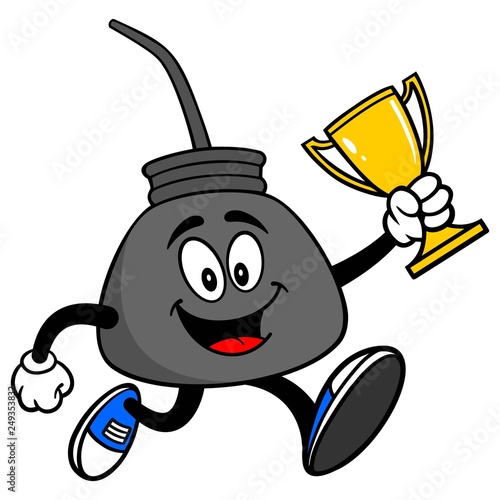 Oil Can Running with a Trophy - A vector cartoon illustration of a retro oil can mascot running with a Trophy.