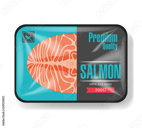 Salmon fillet packaging. Plastic tray container with cellophane cover. Mockup template for your design. Plastic food container. Vector illustration.