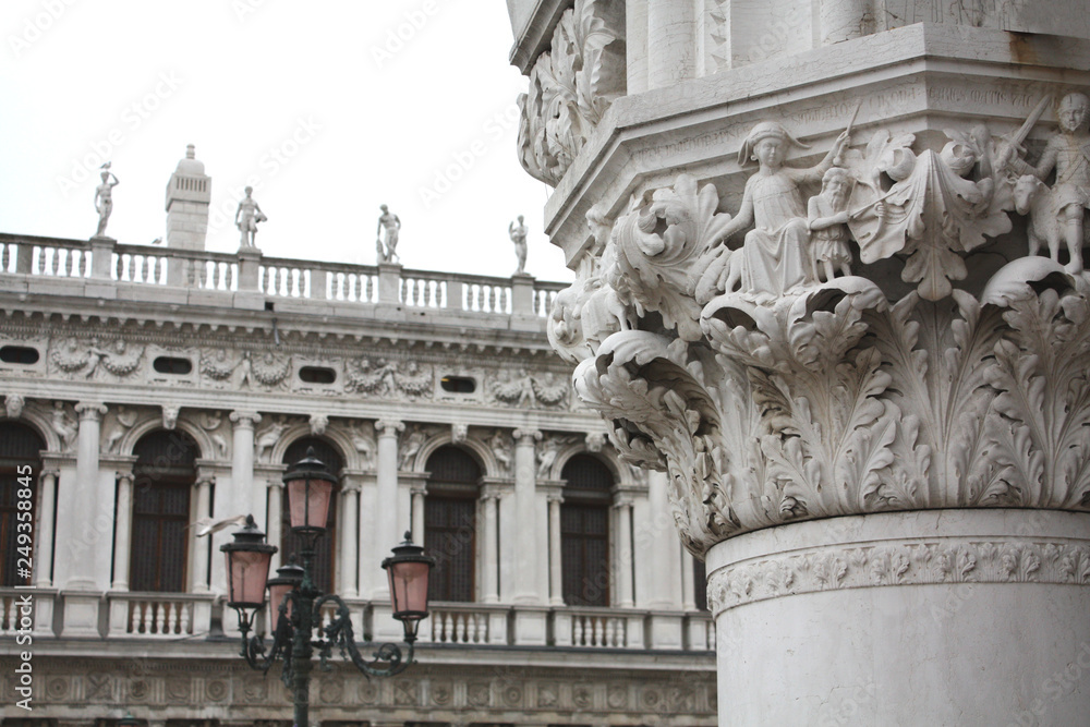 The Doge's Palace Column. San Marco square in Venice Italy. Column details.	