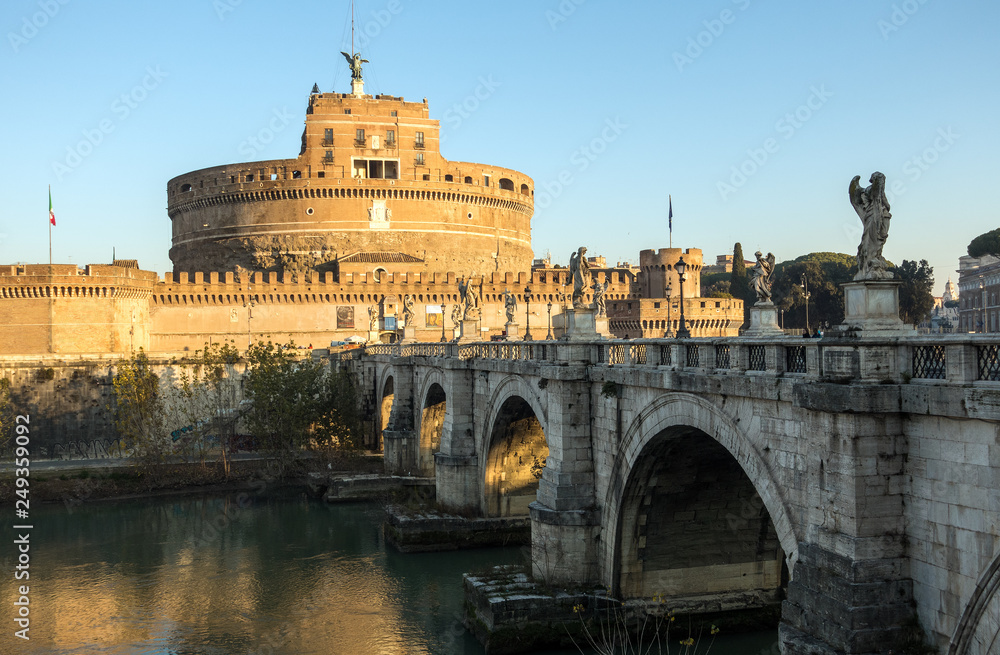 Saint Angel Castle Castel Sant Angelo and bridge Ponte Sant Angelo. Rome, Italy