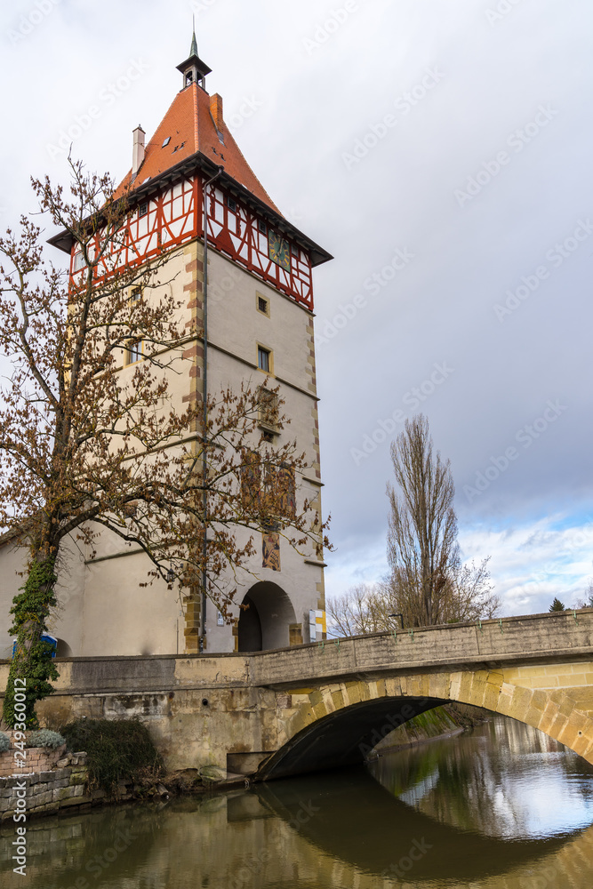 Germany, Ancient city gate and bridge over river water of waiblingen Germany, Ancient city gate and bridge over river water of waiblingen