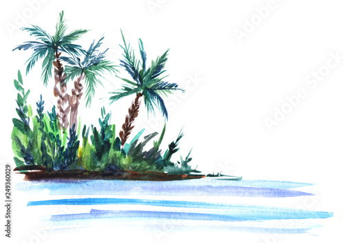 sketch illustration of a green island with lush bushes and palm trees in blue sea waters. Hand-drawn watercolor illustration © Olga