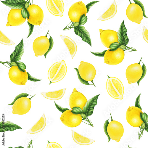 Seamless pattern of lemon, slices of lemon and leaves, watercolor painting. For design cards and patterns.