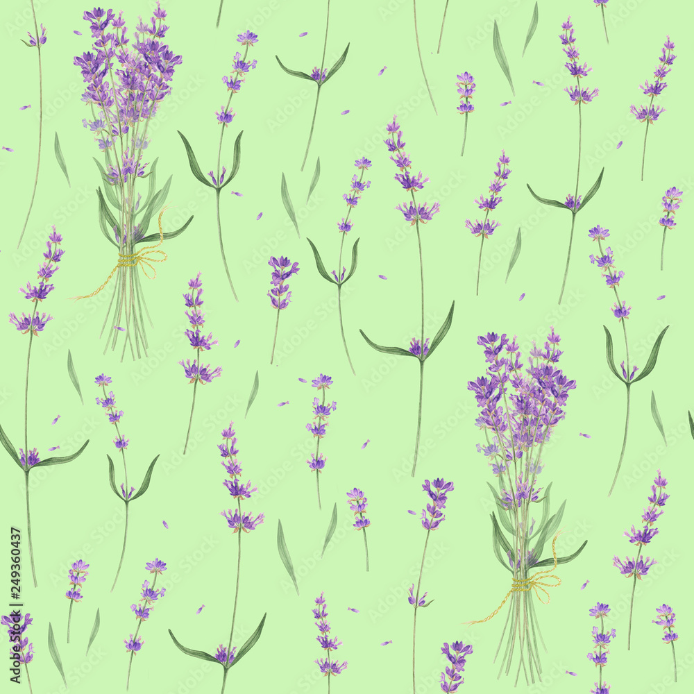 Seamless pattern with flowers, branches and leaves of lavender, watercolor painting. For design cards, banners and patterns.