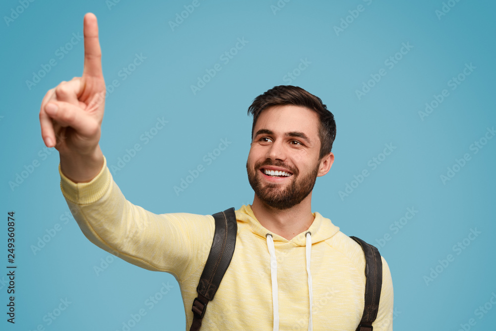 Content man pushing button in air Content man pushing button in air