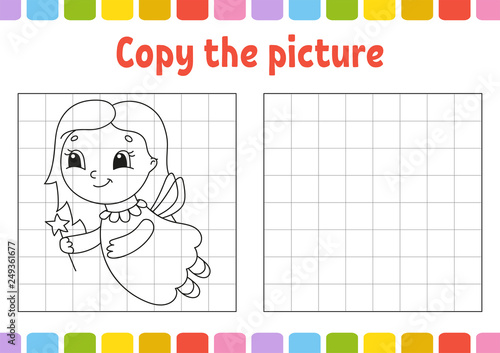 Copy the picture. Coloring book pages for kids. Education developing worksheet. Game for children. Handwriting practice. Cute cartoon vector illustration.