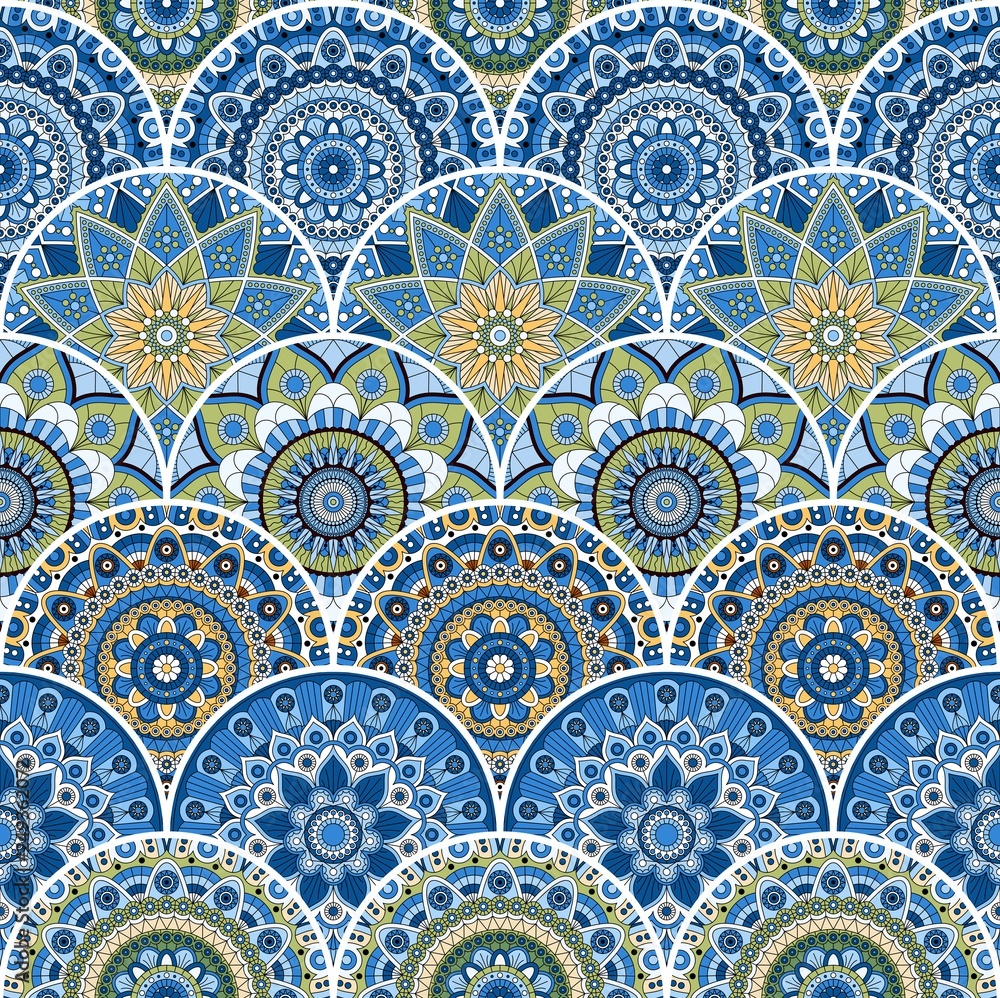 Seamless patchwork pattern with mandalas in ethnuc style. Decorative ornament.