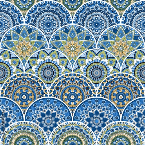 Seamless patchwork pattern with mandalas in ethnuc style. Decorative ornament.