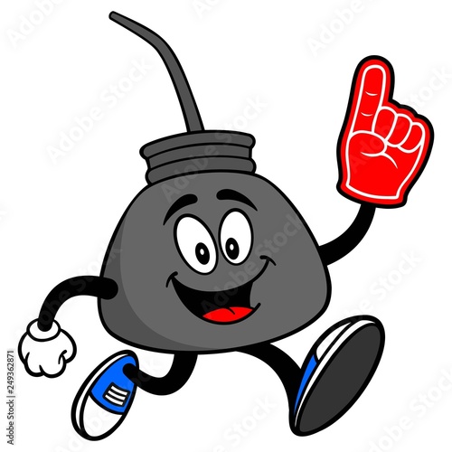 Oil Can Running with a Foam Finger - A vector cartoon illustration of a retro oil can mascot running with a foam hand.