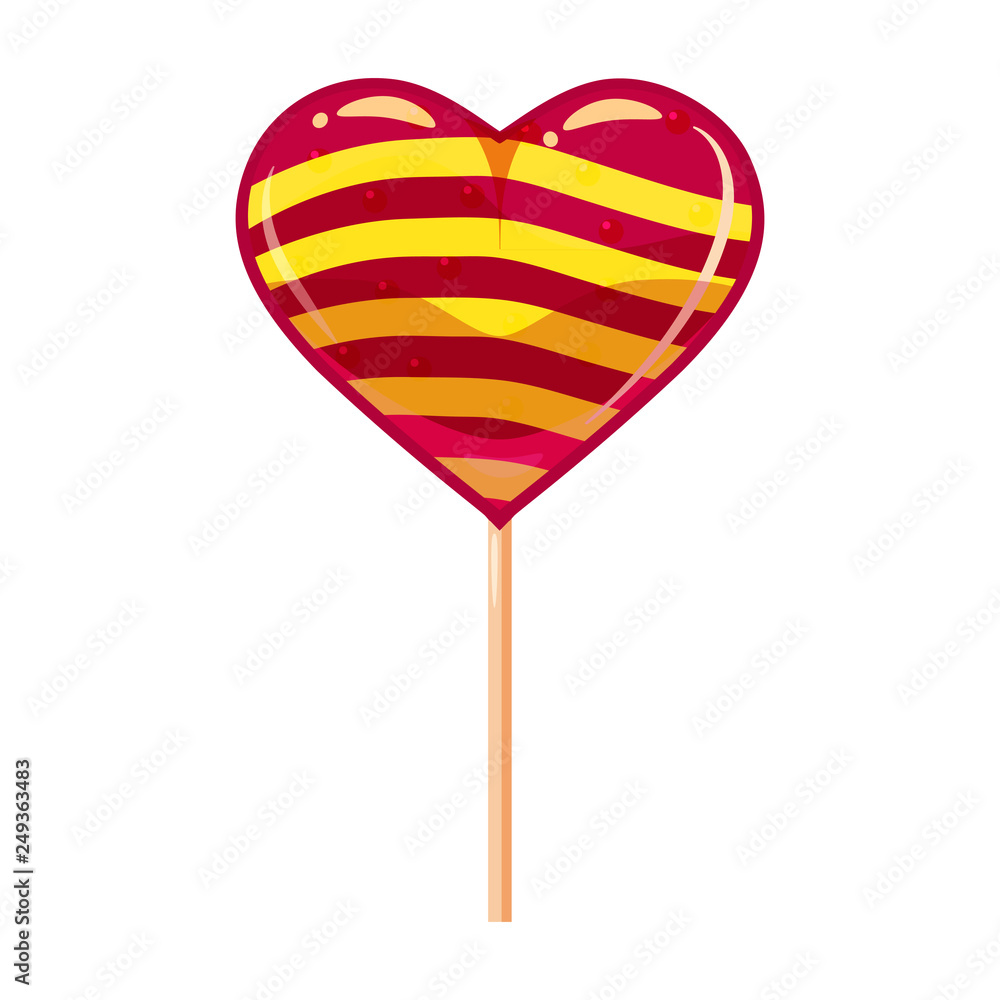 Heart shaped lollipop dessert icon on stick. Sweet food icon. Detailed lollipop icon can be used for art design Valentine s Day. Vector banner, poster, flyer, isolated