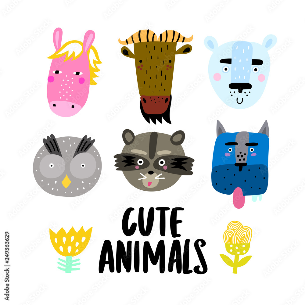 Φωτογραφία Set of cute animal faces - polar bear, horse, raccoon, dog, owl and wildebeest