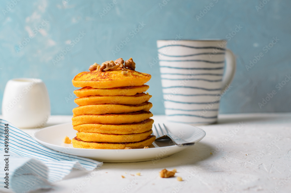 Pumpkin or Carrot Pancakes with Nuts, Stack of Homemade Pancakes