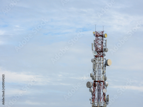 Kuala Lumpur, Malaysia - February 13, 2019 : Telecommunications or Communication transmitter tower with blue sky. Selective focus and crop fragment