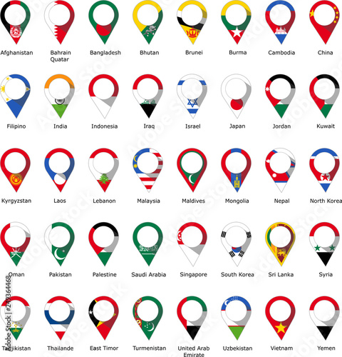 Flags in the form of a pin from Asian and Eastern countries with their names written below