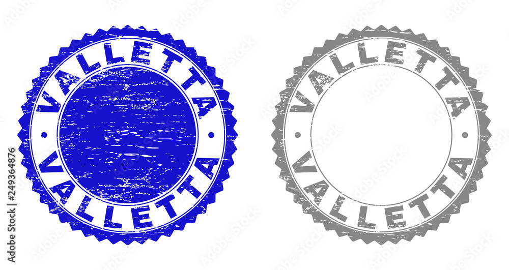 Grunge VALLETTA stamp seals isolated on a white background. Rosette seals with grunge texture in blue and grey colors. Vector rubber stamp imprint of VALLETTA label inside round rosette. Grunge VALLETTA stamp seals isolated on a white background. Rosette seals with grunge texture in blue and grey colors. Vector rubber stamp imprint of VALLETTA label inside round rosette.