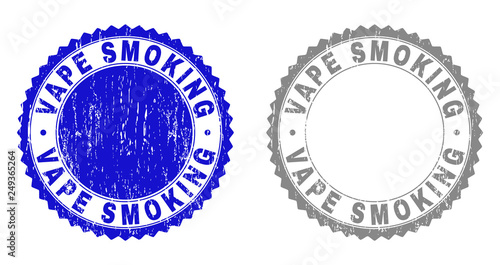 Grunge VAPE SMOKING stamp seals isolated on a white background. Rosette seals with distress texture in blue and grey colors. Vector rubber stamp imitation of VAPE SMOKING title inside round rosette.