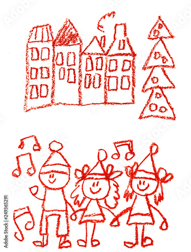 the children kindergarten with teacher hand drawn, outdoor in winter with snowman seasons isolated on the white background.