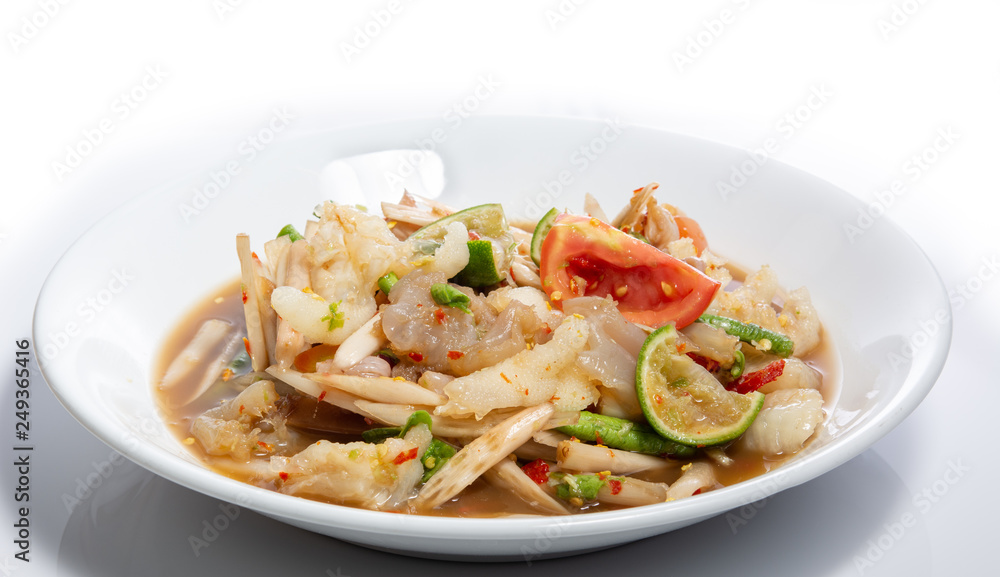 papaya salad (Som Tum) from Lotus root, add fresh shrimp very hot and spicy Thai  Food.