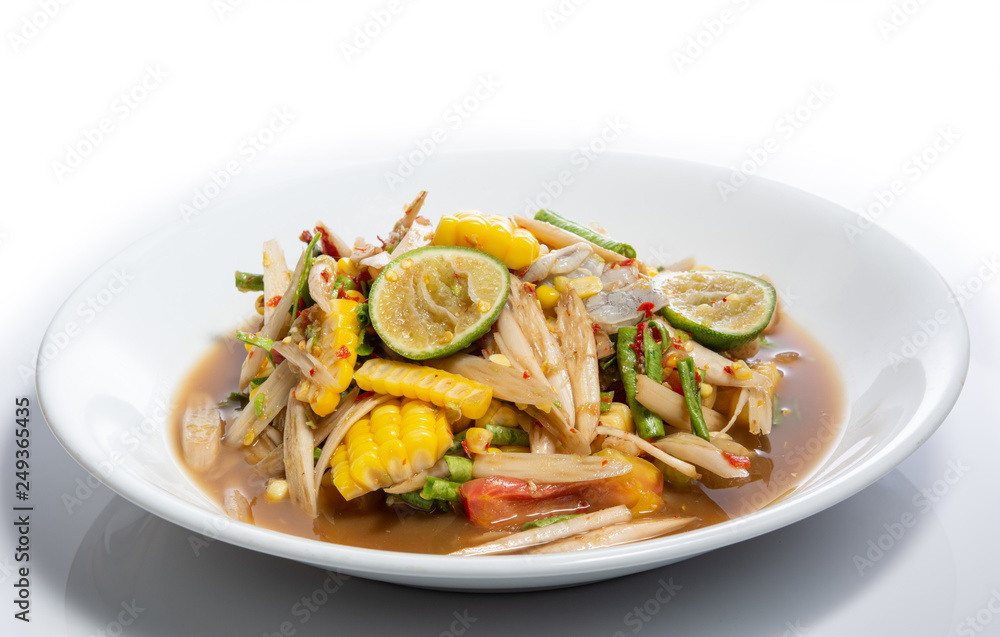 papaya salad (Som Tum) from Lotus root, add fresh shrimp and corn,very hot and spicy Thai  Food.