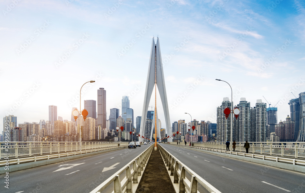 Expressway on Yangtze River Bridge and Modern City Scenery in Chongqing, China Expressway on Yangtze River Bridge and Modern City Scenery in Chongqing, China