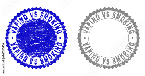 Grunge VAPING VS SMOKING stamp seals isolated on a white background. Rosette seals with grunge texture in blue and grey colors.