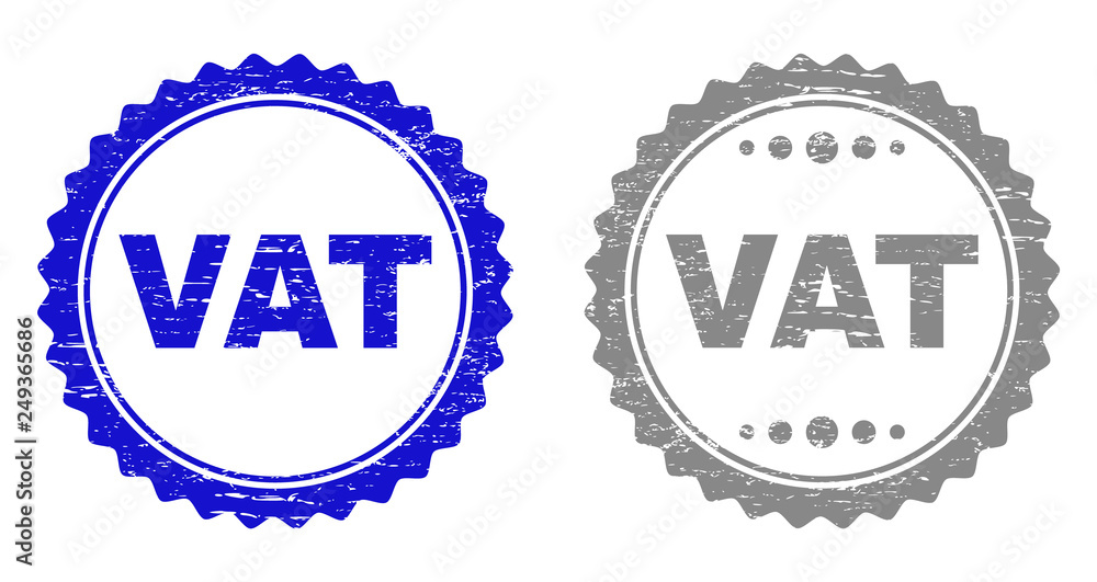 Grunge VAT stamp seals isolated on a white background. Rosette seals with grunge texture in blue and gray colors. Vector rubber watermark of VAT tag inside round rosette. Grunge VAT stamp seals isolated on a white background. Rosette seals with grunge texture in blue and gray colors. Vector rubber watermark of VAT tag inside round rosette.