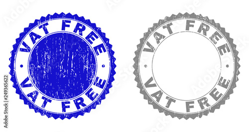 Grunge VAT FREE stamp seals isolated on a white background. Rosette seals with grunge texture in blue and grey colors. Vector rubber stamp imprint of VAT FREE text inside round rosette.
