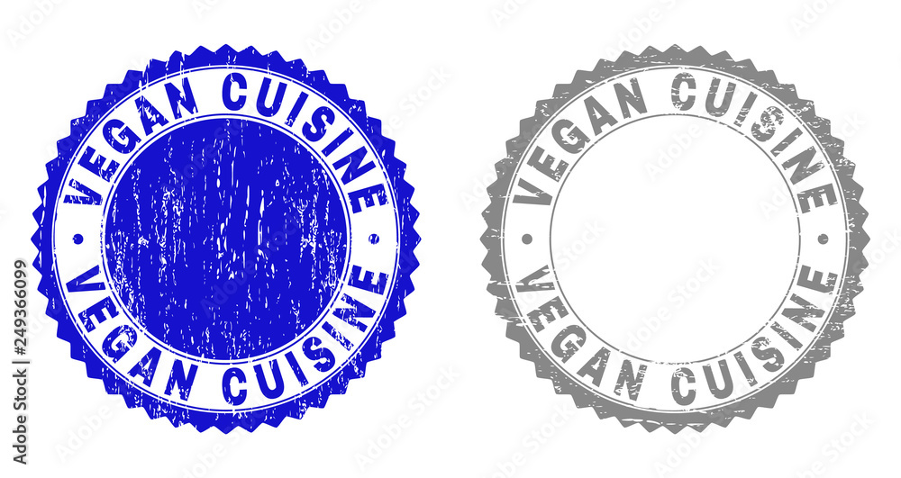 Grunge VEGAN CUISINE stamp seals isolated on a white background. Rosette seals with distress texture in blue and grey colors. Vector rubber stamp imprint of VEGAN CUISINE text inside round rosette.