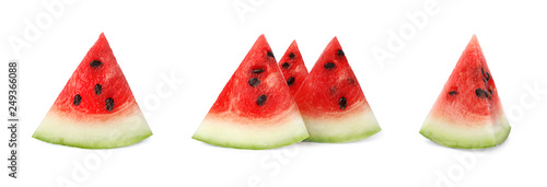 Set of delicious sliced ripe watermelon on white background