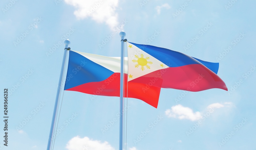 Philippines and Czech Republic, two flags waving against blue sky. 3d image Philippines and Czech Republic, two flags waving against blue sky. 3d image