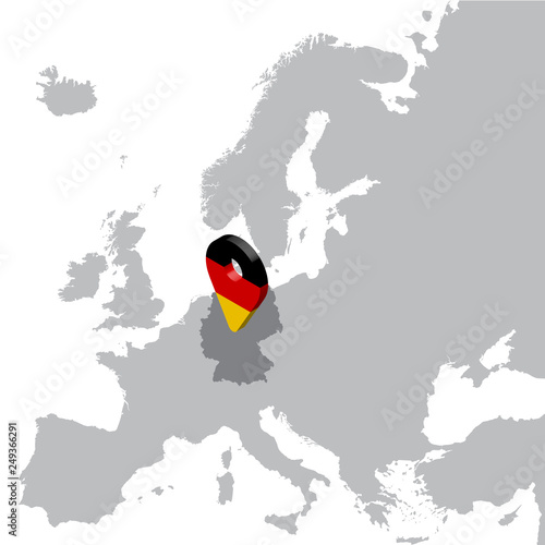 Germany Location Map on map Europe. 3d Germany flag map marker location pin. High quality map Germany.  Vector illustration EPS10.