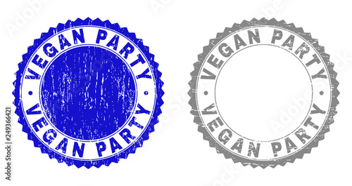 Grunge VEGAN PARTY stamp seals isolated on a white background. Rosette seals with grunge texture in blue and gray colors. Vector rubber stamp imprint of VEGAN PARTY text inside round rosette.