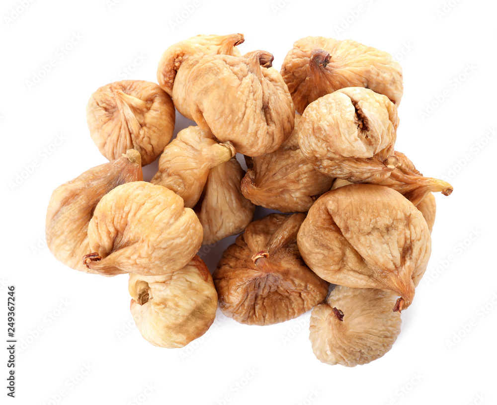 Tasty figs on white background, top view. Dried fruit as healthy food Tasty figs on white background, top view. Dried fruit as healthy food