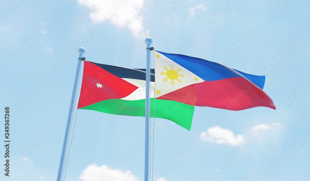 Philippines and Jordan, two flags waving against blue sky. 3d image Philippines and Jordan, two flags waving against blue sky. 3d image