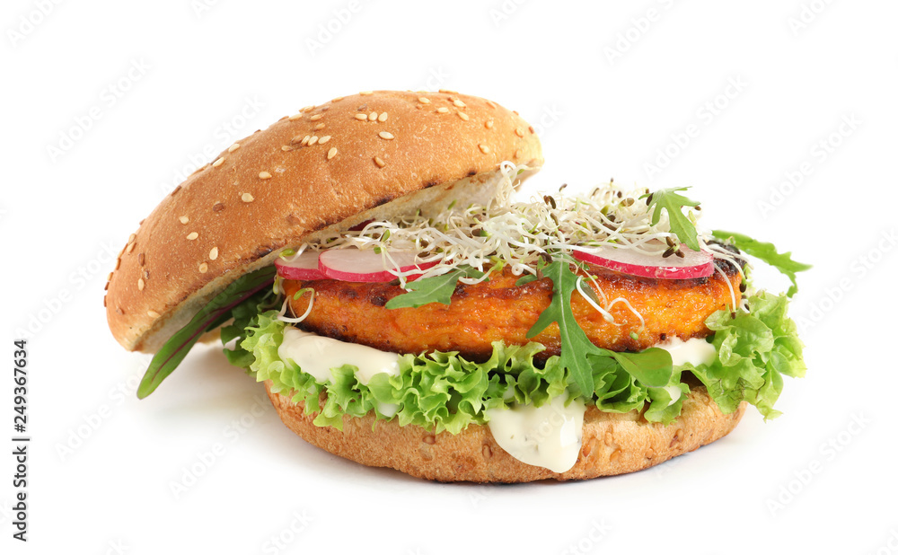 Tasty vegetarian burger with carrot cutlet on white background Tasty vegetarian burger with carrot cutlet on white background