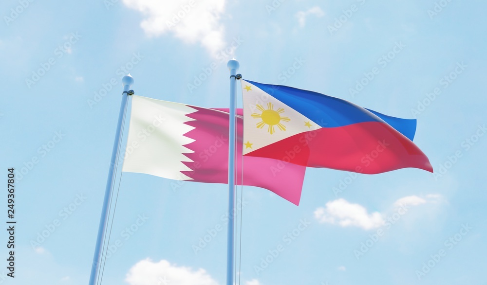 Philippines and Qatar, two flags waving against blue sky. 3d image Philippines and Qatar, two flags waving against blue sky. 3d image