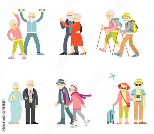 Set of senior man and woman characters in flat style isolated on white background.