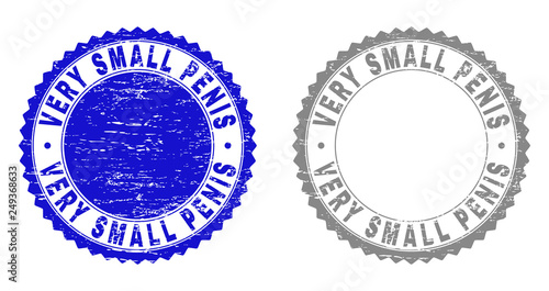 Grunge VERY SMALL PENIS stamp seals isolated on a white background. Rosette seals with grunge texture in blue and grey colors. Vector rubber overlay of VERY SMALL PENIS label inside round rosette.
