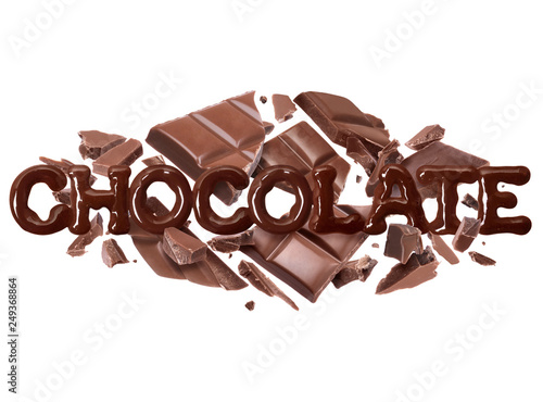 The word chocolate with with a broken chocolate bar, isolated on white background