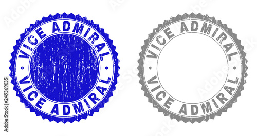 Grunge VICE ADMIRAL stamp seals isolated on a white background. Rosette seals with distress texture in blue and grey colors. Vector rubber stamp imprint of VICE ADMIRAL title inside round rosette.