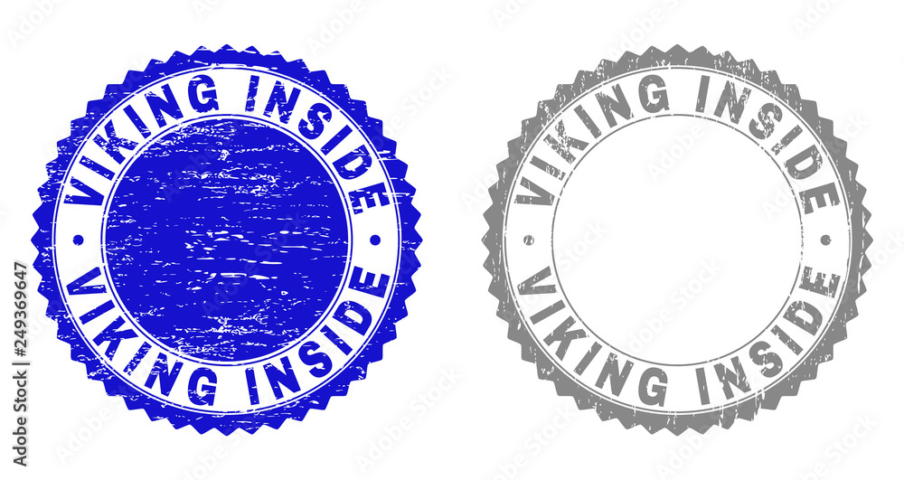 Grunge VIKING INSIDE stamp seals isolated on a white background. Rosette seals with grunge texture in blue and gray colors. Vector rubber watermark of VIKING INSIDE tag inside round rosette.