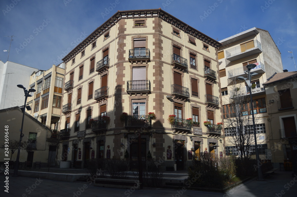 Fototapeta premium Picturesque Building In The Streets Of Jaca. Travel, Landscapes, Nature, Architecture. December 27, 2014. Jaca, Huesca, Aragon.