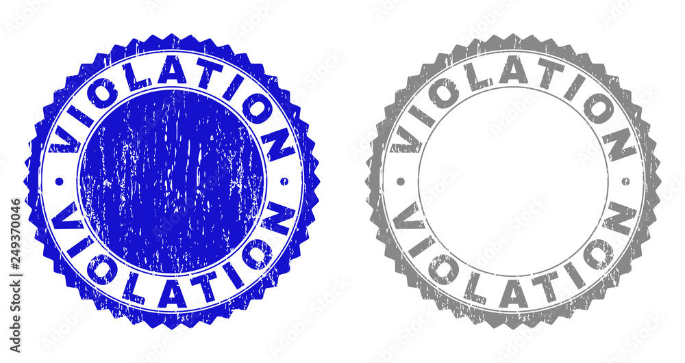 Obraz premium Grunge VIOLATION stamp seals isolated on a white background. Rosette seals with distress texture in blue and grey colors. Vector rubber overlay of VIOLATION text inside round rosette.