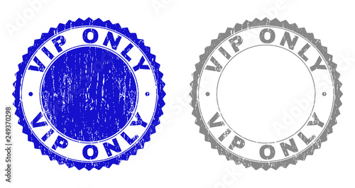 Grunge VIP ONLY stamp seals isolated on a white background. Rosette seals with grunge texture in blue and grey colors. Vector rubber watermark of VIP ONLY tag inside round rosette.