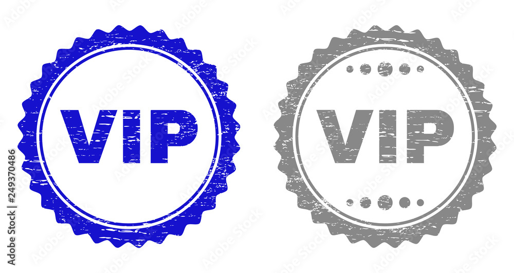 Grunge VIP stamp seals isolated on a white background. Rosette seals with distress texture in blue and gray colors. Vector rubber stamp imitation of VIP title inside round rosette. Grunge VIP stamp seals isolated on a white background. Rosette seals with distress texture in blue and gray colors. Vector rubber stamp imitation of VIP title inside round rosette.
