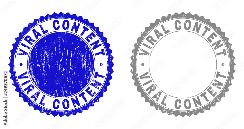Grunge VIRAL CONTENT stamp seals isolated on a white background. Rosette seals with grunge texture in blue and grey colors. Vector rubber stamp imprint of VIRAL CONTENT label inside round rosette.